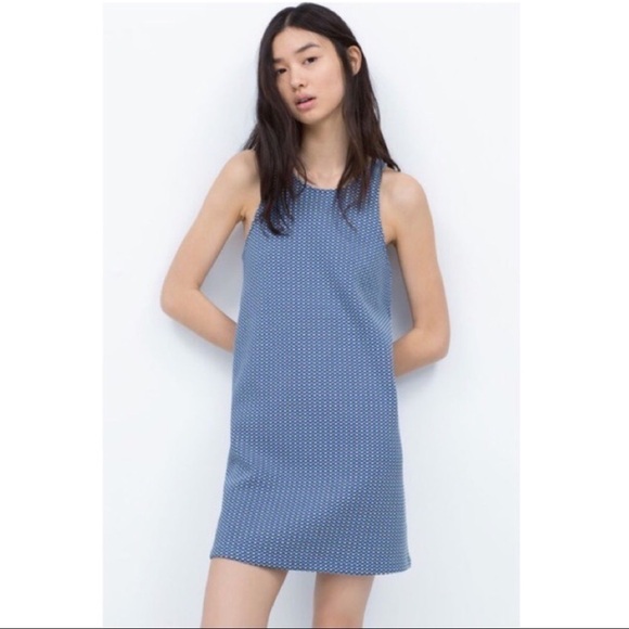 Zara Trafaluc Blue A-Line Geometric Textured Open Back Mini Dress - Picture 6 of 6